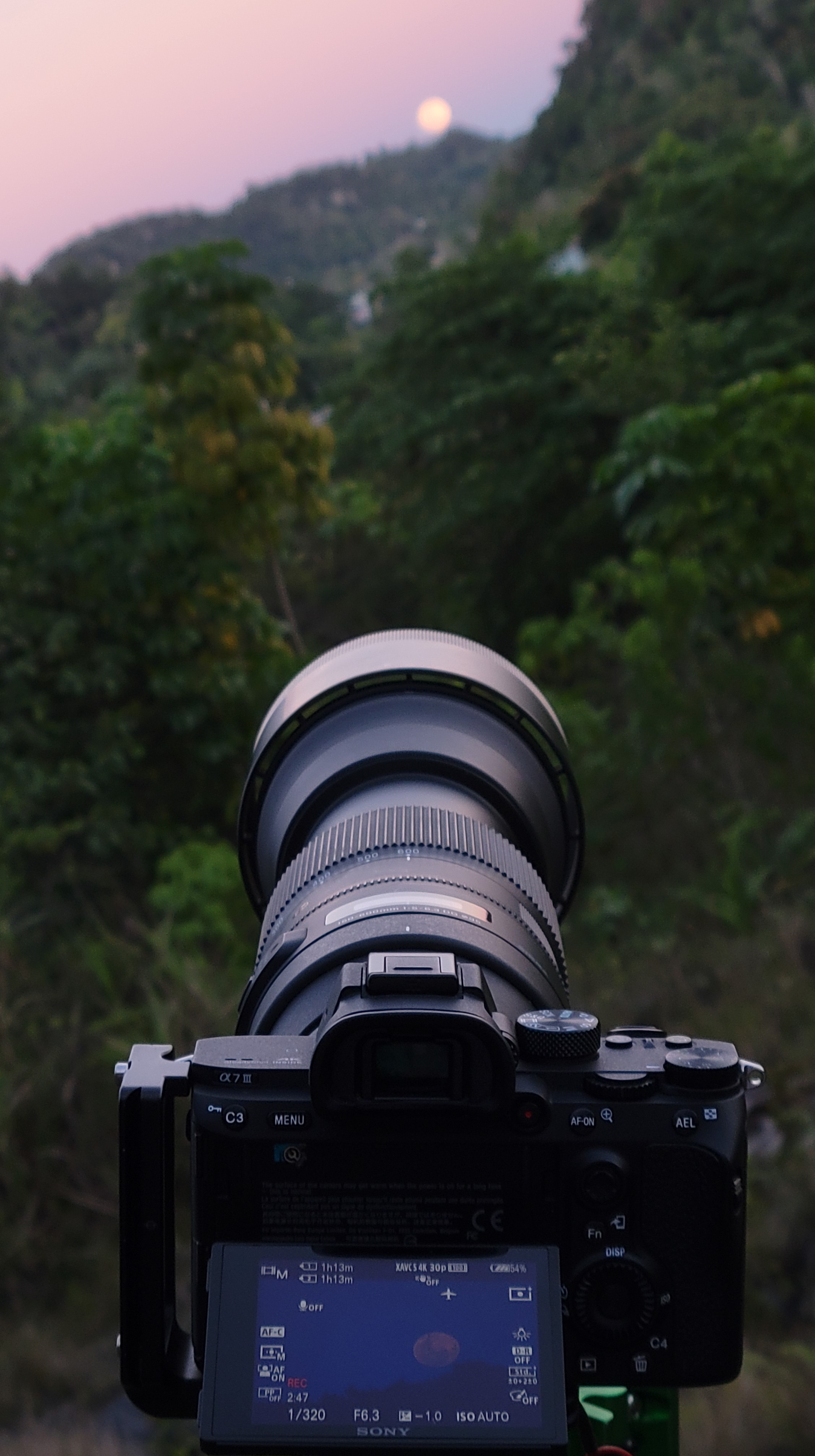 Camera with telephoto lens pointing at a full moon surrounded by tropical lush