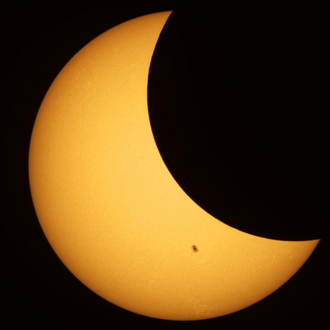 yellow orange sun closeup with one visible sunspot, moon is covering part of the sun. 