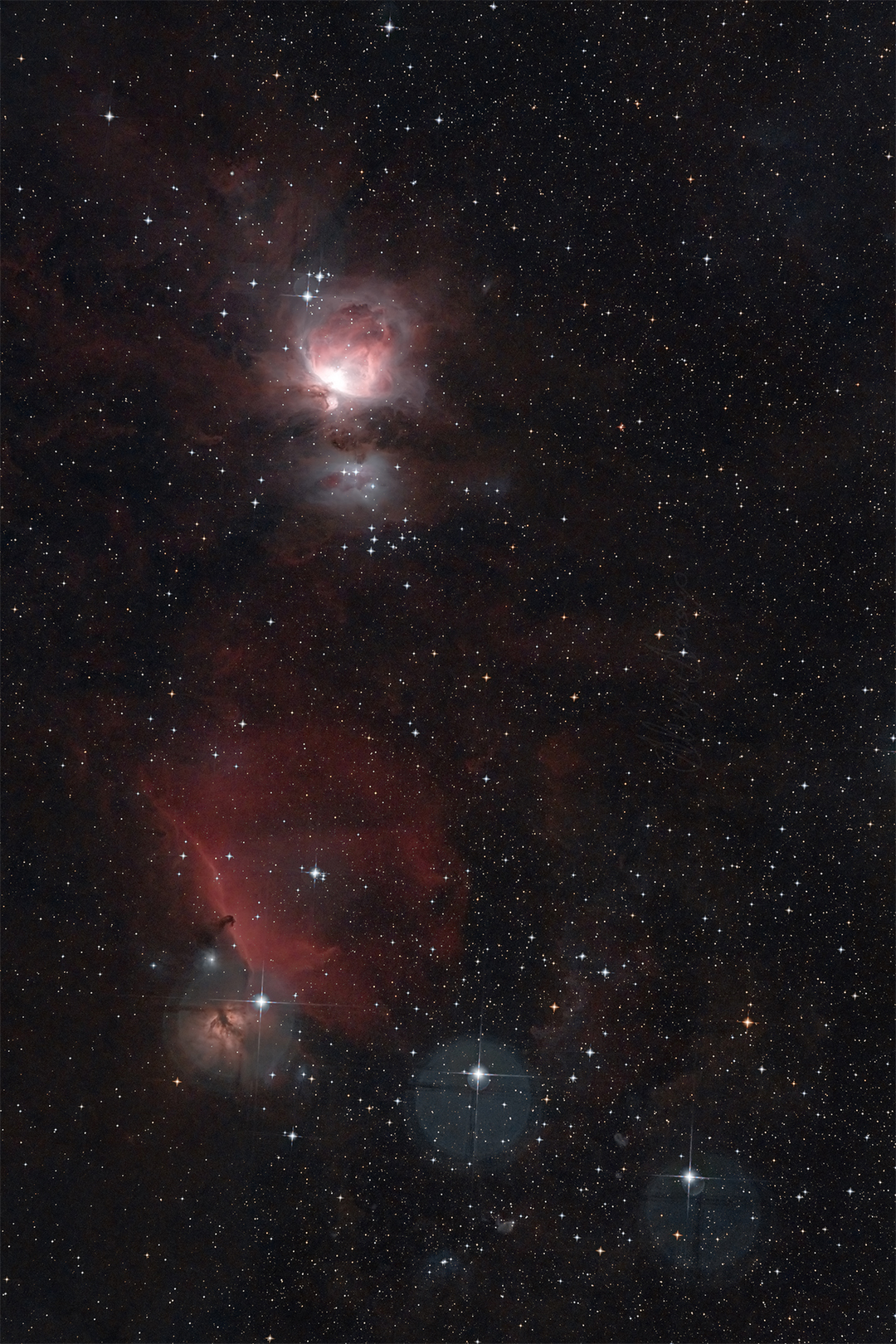 wide field image of orion region that inlcude the three kings, the orion nebulae, the flame and horsehead nebulae. 